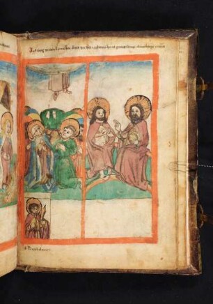 [6] Himmelfahrt Jesu / Jesus sitzt gekrönt zur Rechten Gottvaters (zwei Szenen, die Seite senkrecht geteilt); Bartholomäus