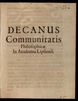 Decanus Communitatis Philosophicae In Academia Lipsiensi : [PP. XXVIII. Ianuar. Anno M.DC.XLVI.]