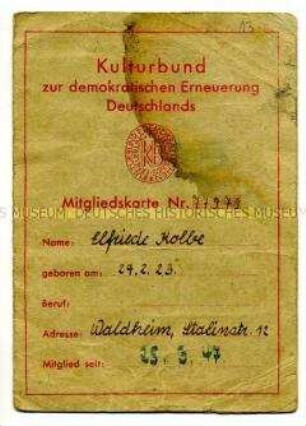Mitgliedskarte des Kulturbundes