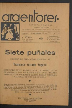 1936012800: Siete puñales : comedia en tres actos