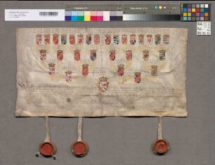 16er-Wappenahnentafel der Maria Theresia Gräfin zu Sulz. Bestätigt durch Ferdinand Erzbischof zu Köln, Franz Herzog zu Lothringen, Franz Ernst Graf zu Criechingen und Püttlingen, Berchthold Graf zu Königsegg. Mit den 4 Unterschriften. 3 Siegel (von 4) in Holzkapseln erhalten.