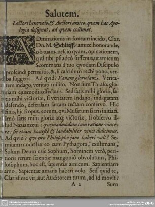 Salutem. Lectori benevolo, & Auctori amico, quem bac Apologia designat, ad quem collimat.