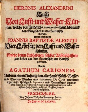 Heronis Alexandrini Buch Von Lufft- und Wasser-Künsten