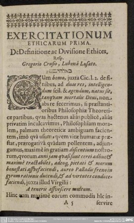 Exercitationum Ethicarum Prima. De Definitione ac Divisione Ethices