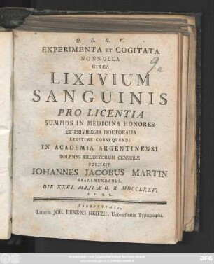 Experimenta Et Cogitata Nonnulla Circa Lixivium Sanguinis