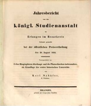 Über Biographieen überhaupt und die Plutarchischen insbesondere, als Grundlage des ersten historischen Unterrichts