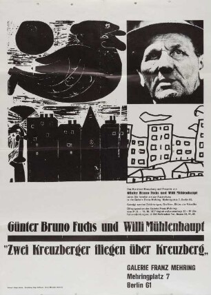 Ausstellungsplakat "Zwei Kreuzberger fliegen über Kreuzberg" zu den Künstlern Günter Bruno Fuchs und Willi Mühlenhaupt, 1977