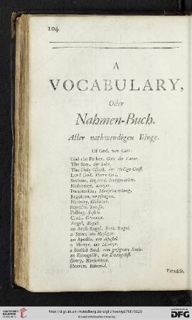 A Vocabulary oder Nahmen-Buch. Aller notwendigen Dinge