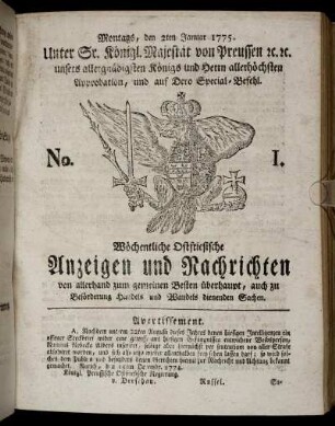No. 1. Montags, den 2ten Januar 1775