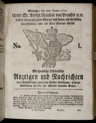 No. 1. Montags, den 2ten Januar 1775
