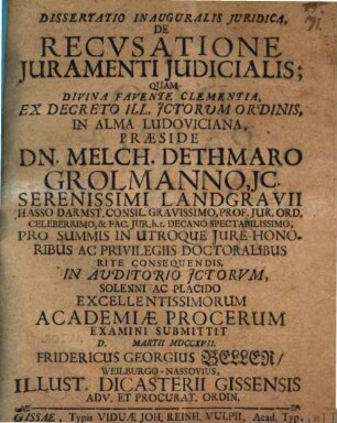 Dissertatio inauguralis juridica de recvsatione juramenti judicialis