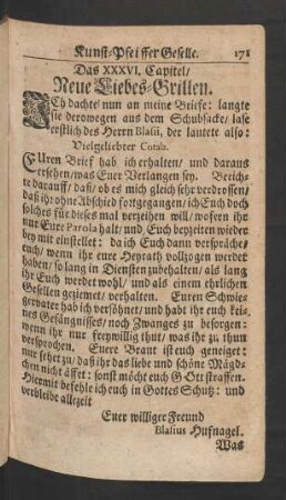 Das XXXVI. Capitel/ Neue Liebes-Grillen.