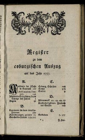 Register zu dem coburgischen Auszug auf das Jahr 1757.