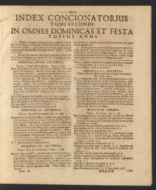 Index Concionatorius Tomi Secundi In Omnes Dominicas Et Festa Totius Anni.