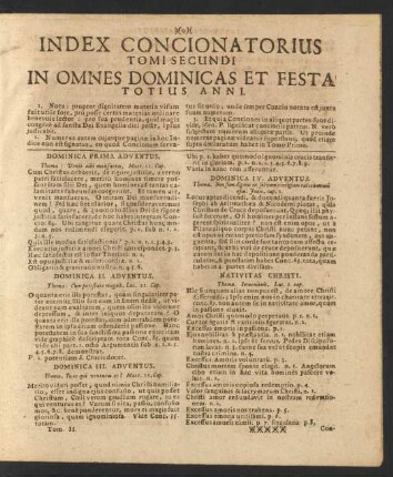 Index Concionatorius Tomi Secundi In Omnes Dominicas Et Festa Totius Anni.