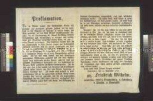 Maueranschlag: Proklamation. Friedrich Wilhelm IV. gibt die Auflösung der Bürgerwehr und die Verstärkung der Truppenmacht in Berlin bekannt; Sanssouci, 11. November 1848