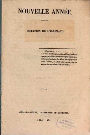 Nouvelle Année : Imitation de l'Allemand ; Souvenir dédié aux anciens militaires de Jura