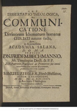 Dissertatio Theologica, De Communicatione Divinorum Idiomatum humanae Christi naturae facta