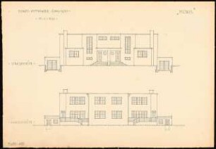 Zweifamilienhaus Monatskonkurrenz Februar 1930: Aufriss Straßenansicht, Gartenansicht 1:100