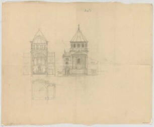 Thiersch, August ; Nürnberg (Bayern); Kath. - Apostolische Kirche, Projekt - Teilgrundriss, Ansicht, Schnitt