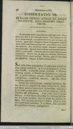 Dissertatio VII. De Iliadis Exordio, Achillis Ira, Deique Voluntate, Mala Hominibus Immittentis