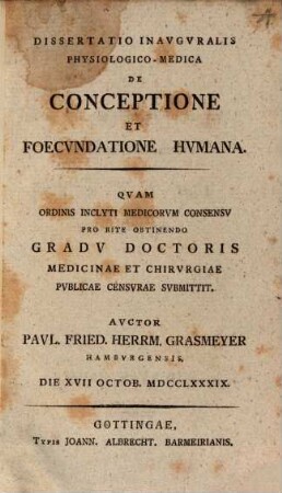 Dissertatio Inavgvralis Physiologico-Medica De Conceptione Et Foecvndatione Hvmana