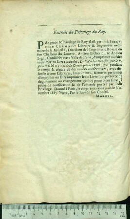 Extrait du Privilege du Roy.