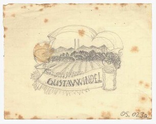 Exlibris-Studie für Gustav Windel : Name auf Spruchband, im Hintergrund eine Landschaft