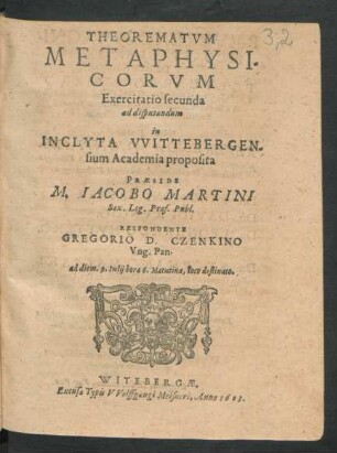 2: Theorematum Metaphysicorum Exercitationes Quatuordecim : ad diem 9. Iulii ...