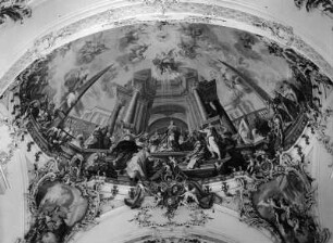 Pfingsten und die Verehrung der Ecclesia durch die vier Erdteile : Pfingsten und die Verehrung der Ecclesia durch die vier Erdteile. Deckenmalerei (1764; J. J. Zeiller, F. A. Zeiller). Ottobeuren, Benediktinerabtei Ottobeuren, Klosterkirche Sankt Theodor Sankt Alexander