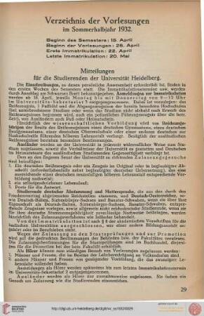 Verzeichnis der Vorlesungen im Sommerhalbjahr 1932