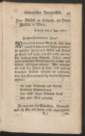 Herr Riedel in Erfurth, an Herrn Fiedler in Wien. Erfurth den 1. Jan. 1772.