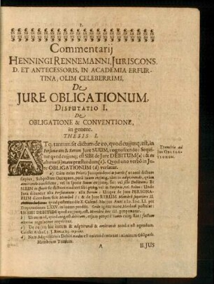 Commentarii Henningi Rennemanni ... De Iure Obligationum. Disputatio I. -X.
