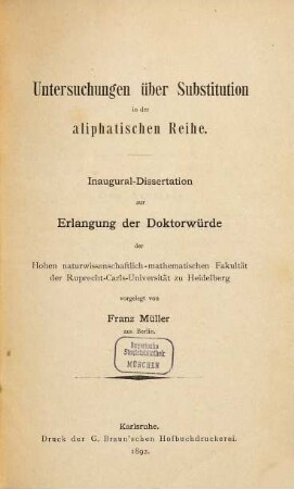 Untersuchungen über Substitution in der aliphatischen Reihe