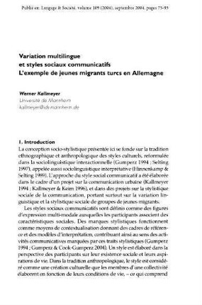 Variation multilingue et styles sociaux communicatifs. L’exemple des jeunes migrant turcs en Allemagne