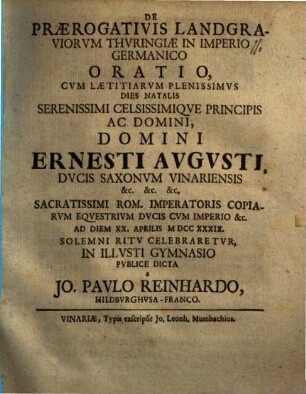 De praerogativis landgraviorum Thuringiae in Imperio Germanico oratio