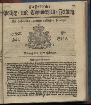 8tes Stueck, Montag den 23ten Februar. 1789