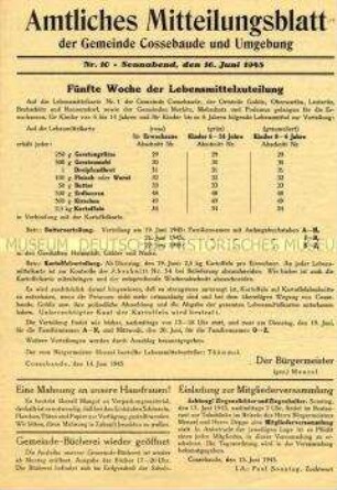 Kommunales Mitteilungsblatt u.a. zur Lebensmittelbewirtschaftung und mit Anzeigen von Geschäften und Handwerksbetrieben