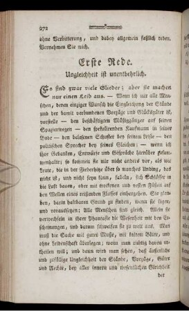 Erste Rede. Ungleichheit ist unentbehrlich. - Zweyte Rede. Einfluß der Gleichheit auf bürgerliches Wohl.