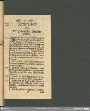 Kurtze Tabelle Von der Zittauischen Kirchen-Historie