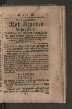 Der Arithmetischen Ruh-Stunden Erster Theil.