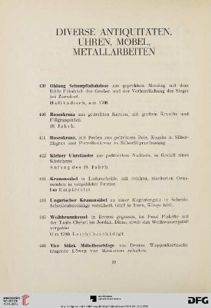 Diverse Antiquitäten, Uhren, Möbel, Metallarbeiten (Nr. 439-482)