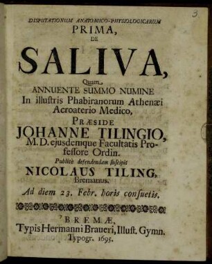 Disputationum Anatomico-Physiologicarum Prima, De Saliva