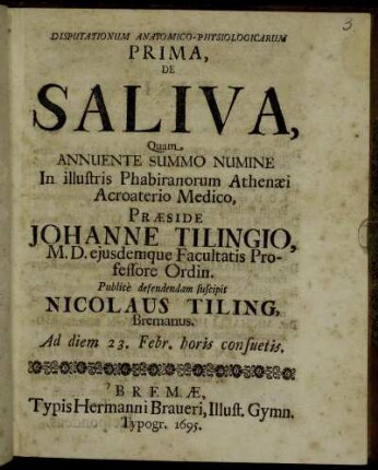 Disputationum Anatomico-Physiologicarum Prima, De Saliva