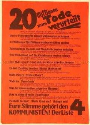 Antikapitalistischer programmatischer Wahlaufruf der Kommunistischen Partei Deutschlands an die Werktätigen gegen Hitlers "Drittes Reich", gegen Sozialdemokratie und gegen Lohnkürzungen