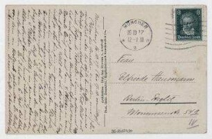 Ansichtspostkarte von Johannes Baader an Elfriede Hausmann mit Abbildung "Überseeclub Hamburg / Rauchzimmer". München