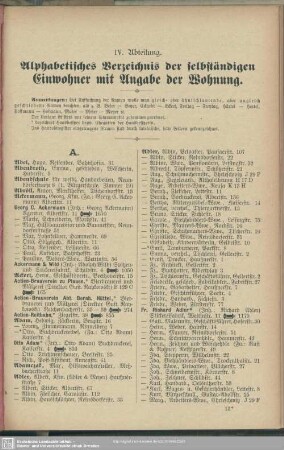 IV. Abteilung. Einwohnerverzeichnis : IV. Abteilung. Alphabetisches Verzeichnis der selbständigen Einwohner mit Angabe der Wohnung