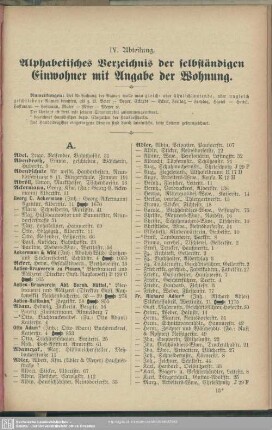 IV. Abteilung. Einwohnerverzeichnis : IV. Abteilung. Alphabetisches Verzeichnis der selbständigen Einwohner mit Angabe der Wohnung