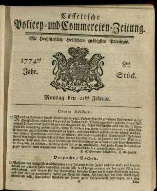 8tes Stueck, Montag den 21ten Februar 1774