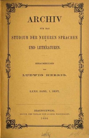 Archiv für das Studium der neueren Sprachen und Literaturen. 72 = Jg. 38. 1884